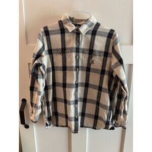 Carhartt Plaid Flannel Shirt Women’s L (12-14) Loose Fit Cream & Black Button Up
